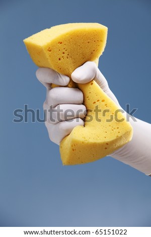 Hand with white protective rubber glove holding a yellow sponge.