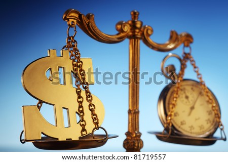 dollar sign and stop watch on the balance scale