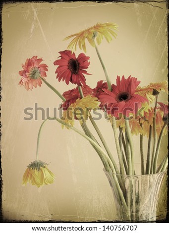 Grungy Vase  of Red and Orange Chrysanthemum Flowers