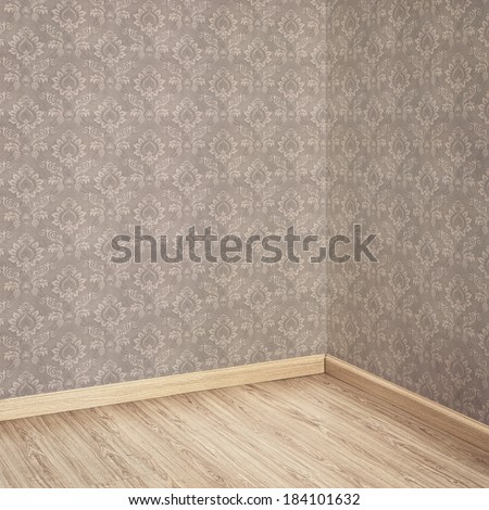Interior of Old Room with a Wooden Floor and Brown Wallpaper Background