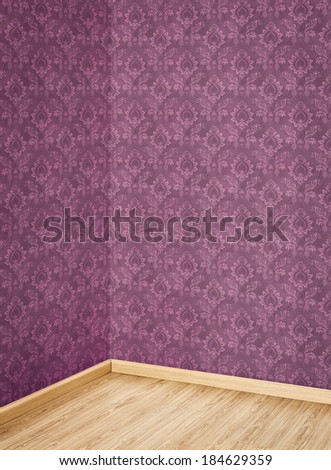 Interior of Old Room with a Wooden Floor and Purple Wallpaper