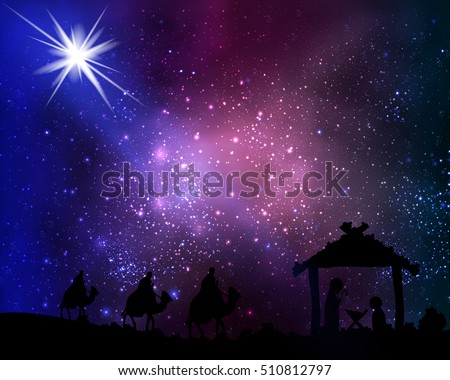 Three wise men and Jesus against the background stars and the cosmos