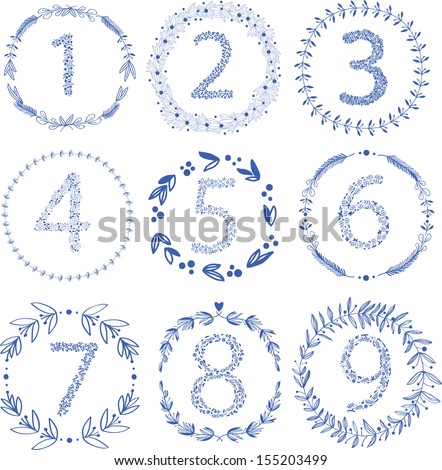 Set of 9 hand-draw vector victory laurel wreaths and floral numbers for wedding stationary branding or table number Easy to change colors Set of 9 hand-draw vector victory laurel wreaths and floral numbers for wedding stationary branding or table number Easy to change colors