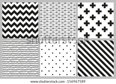 Set Of 6 Black And White Scandinavian Trend Seamless Pattern - Black Cross, Polka Dots, Chevrons, Stripes, Arrow And Branch Background.
