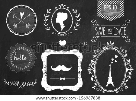 Retro chalk elements and icons set for retro design Paris style With ribbon mustache bow eiffel tower border woman profile and wedding decor Vector illustration Chalkboard background Retro chalk elements and icons set for retro design Paris style With ribbon mustache bow eiffel tower border woman profile and wedding decor Vector illustration Chalkboard background