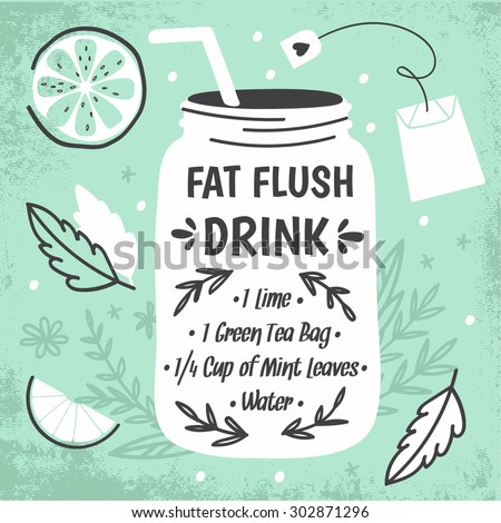 Detox fat flush water recipe. Decorative doodle style vector  illustration with mason jar and ingredients.