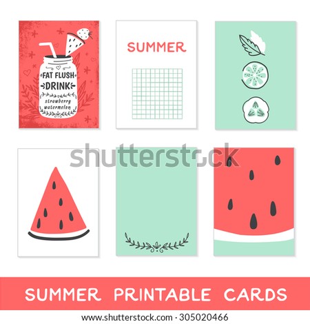 Summer printable cards. Detox fat flush water recipe, watermelon, fruits and vegetables. Decorative doodle style vector illustration with mason jar and ingredients.