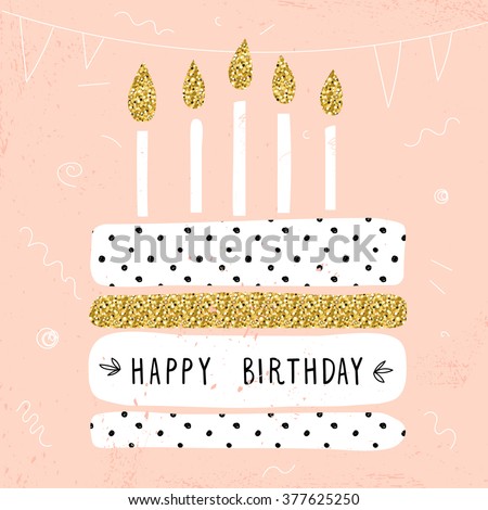 cute happy birthday card with cake and candles. vector illustration