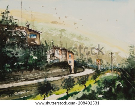 Water color painted village with two houses beside the road and a farming place with trees