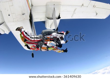 Sky diving tandem jumping from the plane in the blue skies