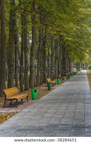 Granite path in autumn park with benches for rest.