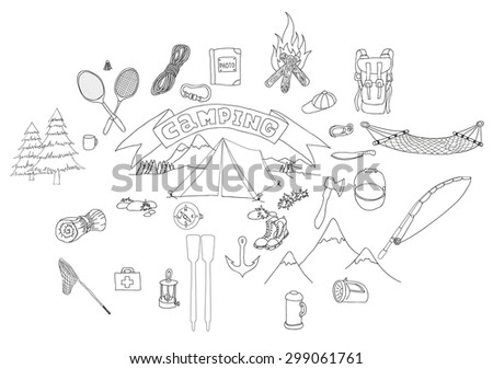 Symbols and drawings of infographics of an outdoor recreation with tent. Things which are necessary for tourism and a camping.