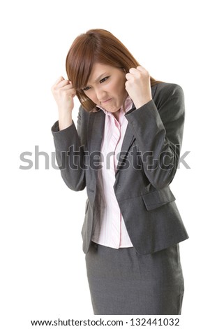 Angry business woman of Asian, closeup portrait isolated on white background.
