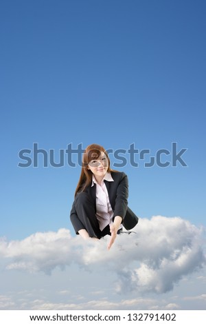 Business woman sit on cloud and shake hand with you over blue sky.
