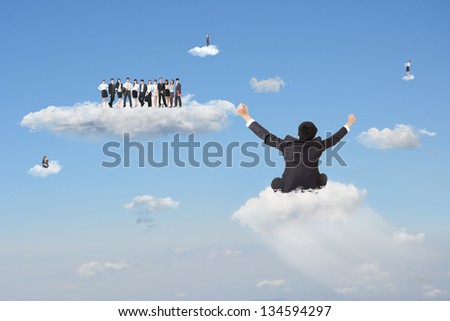 Businessman sit on cloud and going to join the team in cloudy sky. Concept about cloud business, team work, or positivity.