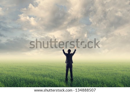 Asian businessman stand on grassland and open arms feel free or success against sunny light under dramatic cloudy sky. Photo compilation concept about business, success, win, challenge or dream.