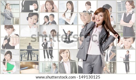 Cheerful business woman talk on phone and stand in front of tv wall, concept about business, teamwork, talk,connect, social media etc.
