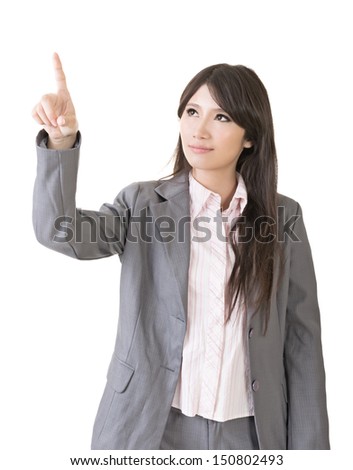 Portrait of a young asian woman pointing and selecting, on the white background.