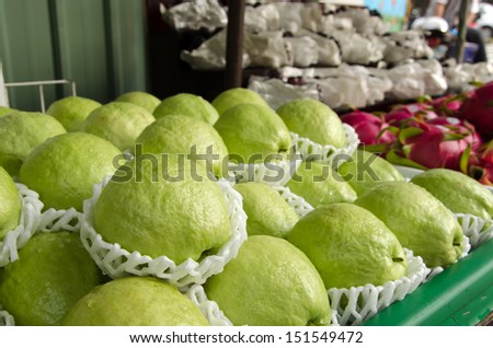 Green guavas close up at marketplace, Taiwan, Asia.