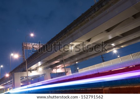 City night scene with light trails of cars on road in Taipei, Taiwan.