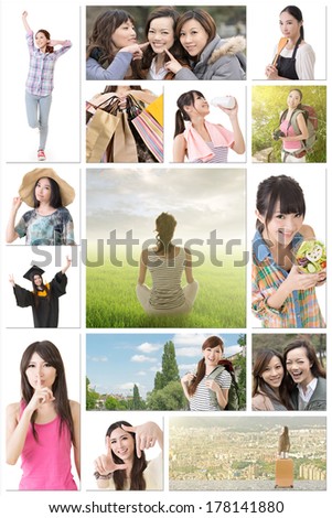 Collection of Asian women lifestyle images about friendship, travel, health care, shopping, studying, peace and hobby.