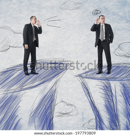 Business men communication from distance. Photo compilation with the same model and hand drawn background.