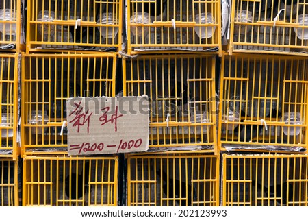 Bird cages, shot at bird street in Hong Kong, Asia. The words in the card is meaning \