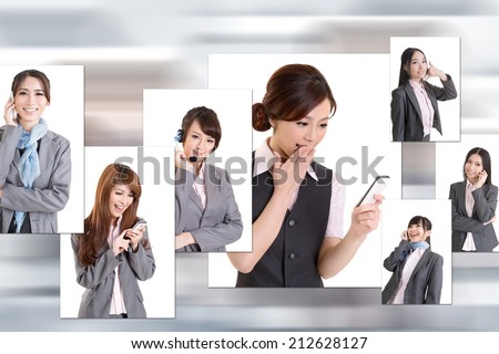 Business people wall with woman talk on phone. Concept about communication, social media, network etc.