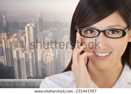 Asian business woman portrait with black glass and look at you.