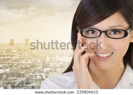 Asian business woman portrait with black glass and look at you.
