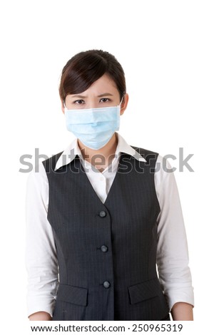 Sick business woman with mask, studio shot on white background.