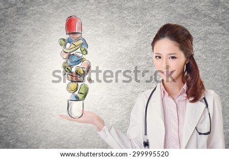 Concept of all in one, a doctor hold a pill.