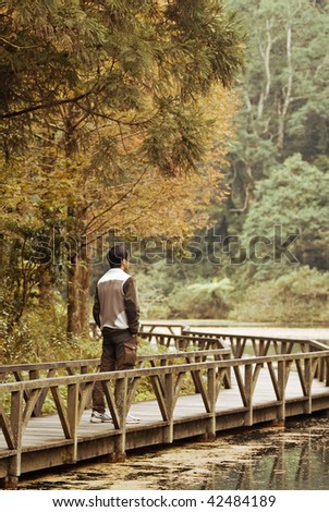 Man stand on bridge near the lake in beautiful forest.
