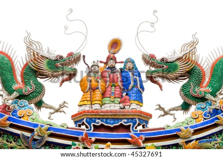 Chinese god and dragon on roof in white background.