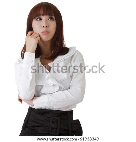 stock photo : Confused business woman, oriental office lady against white.