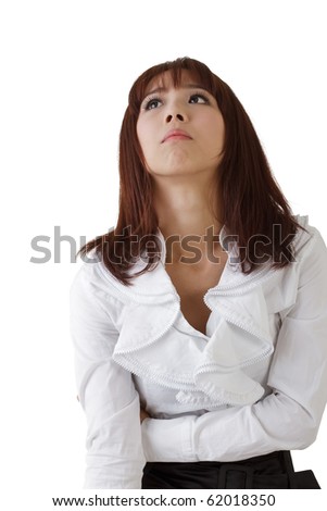 Worried business woman with expression of sadness on white background.