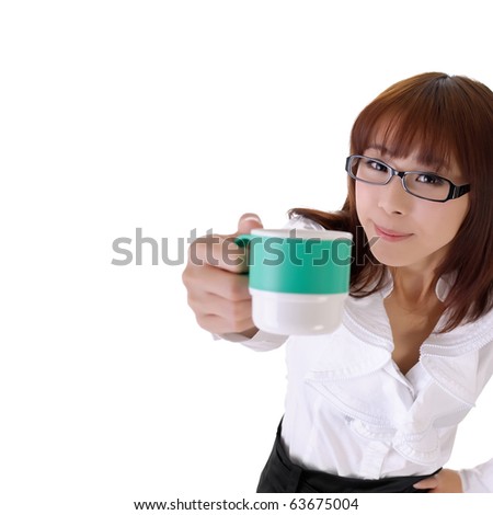 Young business woman share cup of coffee with copyspace on white.