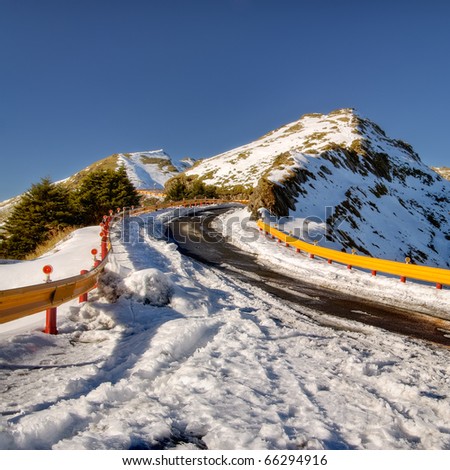 Landscape of winter mountain with roads with ice in Taiwan, Asia.
