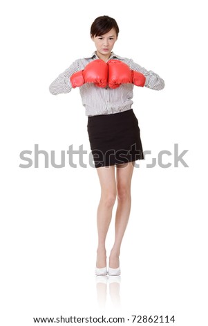 Boxing business woman of young Asian with angry expression, isolated on white.