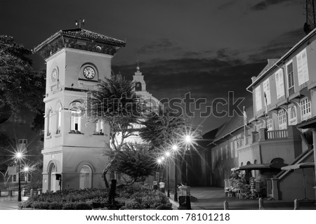 Malacca city night in famous Stadthuys Square in black and white in Malaysia, Asia.