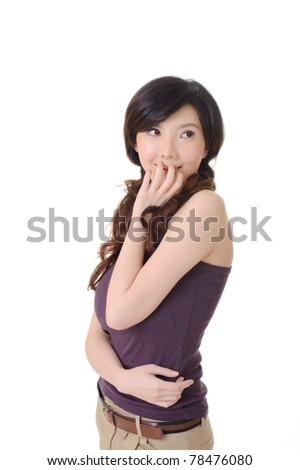Elegant Asian lady, closeup portrait in studio white background.