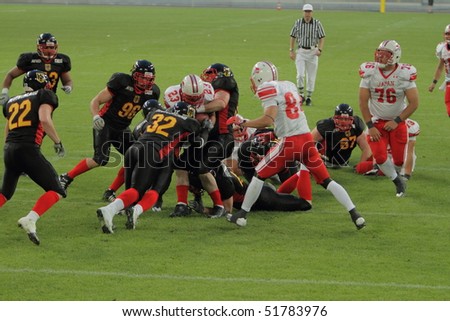 DUSSELDORF, GERMANY - APRIL 24: The 1st German Japan Bowl. Germany and Japan fight for possession as both teams had their eye set on the coveted 1st German Japan Bowl trophy. On April 24, 2010 in Dusseldorf, Germany