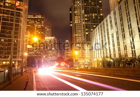 City of Miami Florida, traffic moving through downtown Brickell financial district