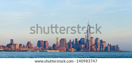 New York City, skyline panorama of lower downtown Manhattan business district, world trade center and wall street