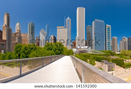 City of Chicago USA, panorama of downtown buildings on a beautiful summer day  with blue sky