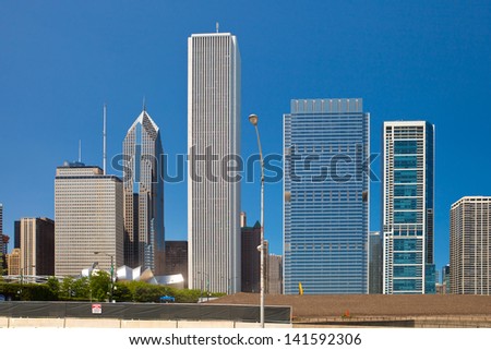 City of Chicago USA, panorama of downtown buildings on a beautiful summer day  with blue sky