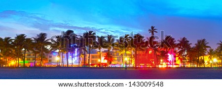 Miami Beach, Florida Hotels And Restaurants At Sunset On Ocean Drive, World Famous Destination For It\'S Nightlife, Beautiful Weather And Pristine Beaches