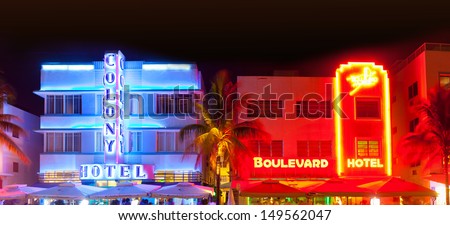 MIAMI BEACH, FLORIDA, USA-AUGUST 9:  Art Deco hotels and restaurants at night on Ocean Drive on August 9, 2013, world famous destination for nightlife, beautiful weather and pristine beaches