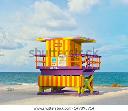 Miami Beach Florida USA, typical Art Deco lifeguard house on a beautiful summer day