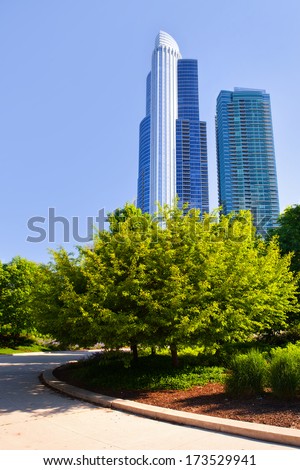 Chicago USA, city buildings on a beautiful sunny day with blue sky